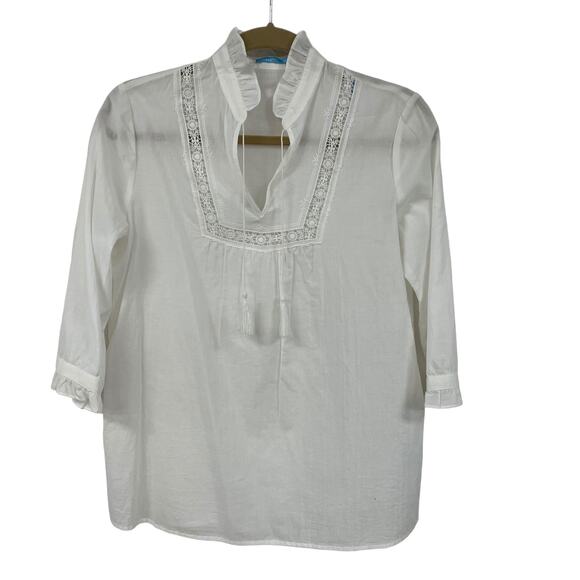J. McLaughlin Tie Neck Ruffle Collar Embroidery Cut Out Cotton Top White XS ASIS - Picture 1 of 7